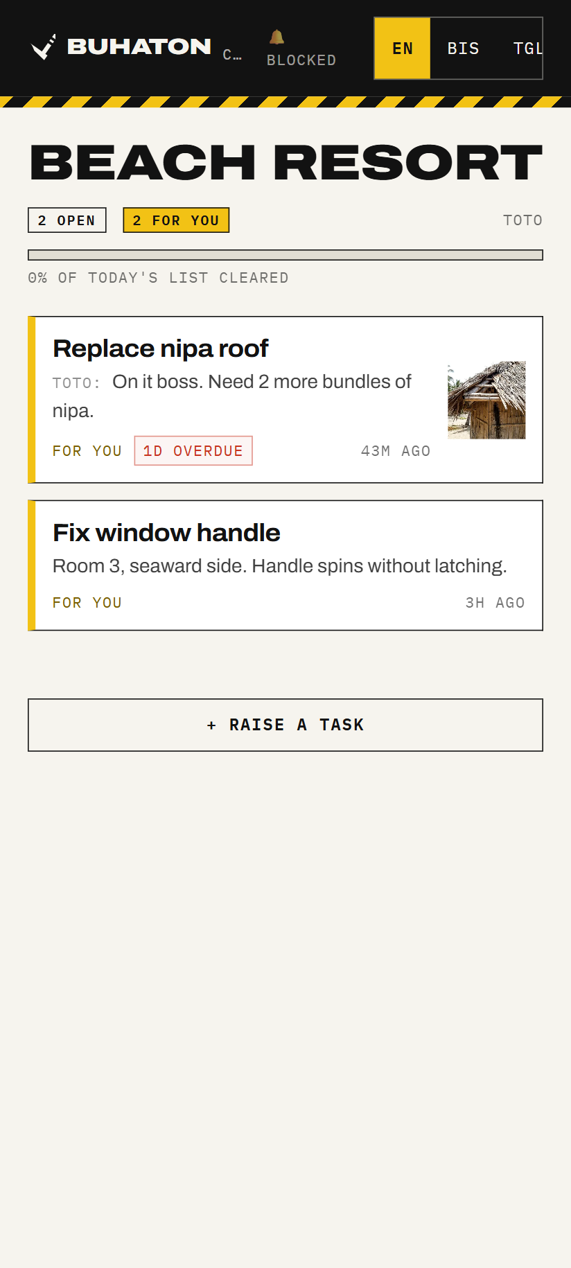 The crew's task list on their phone: two open tasks, one marked for you