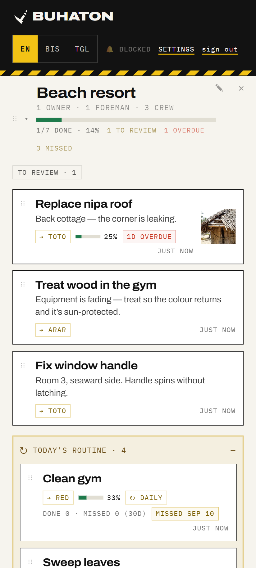 Owner dashboard listing open tasks with due dates and who they are assigned to