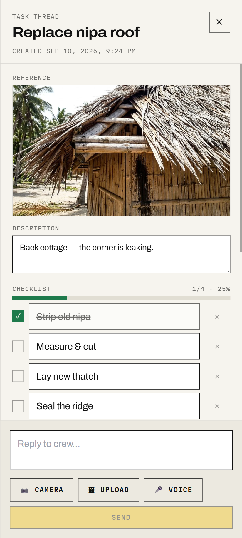 Task page with the reference photo, the description and a checklist