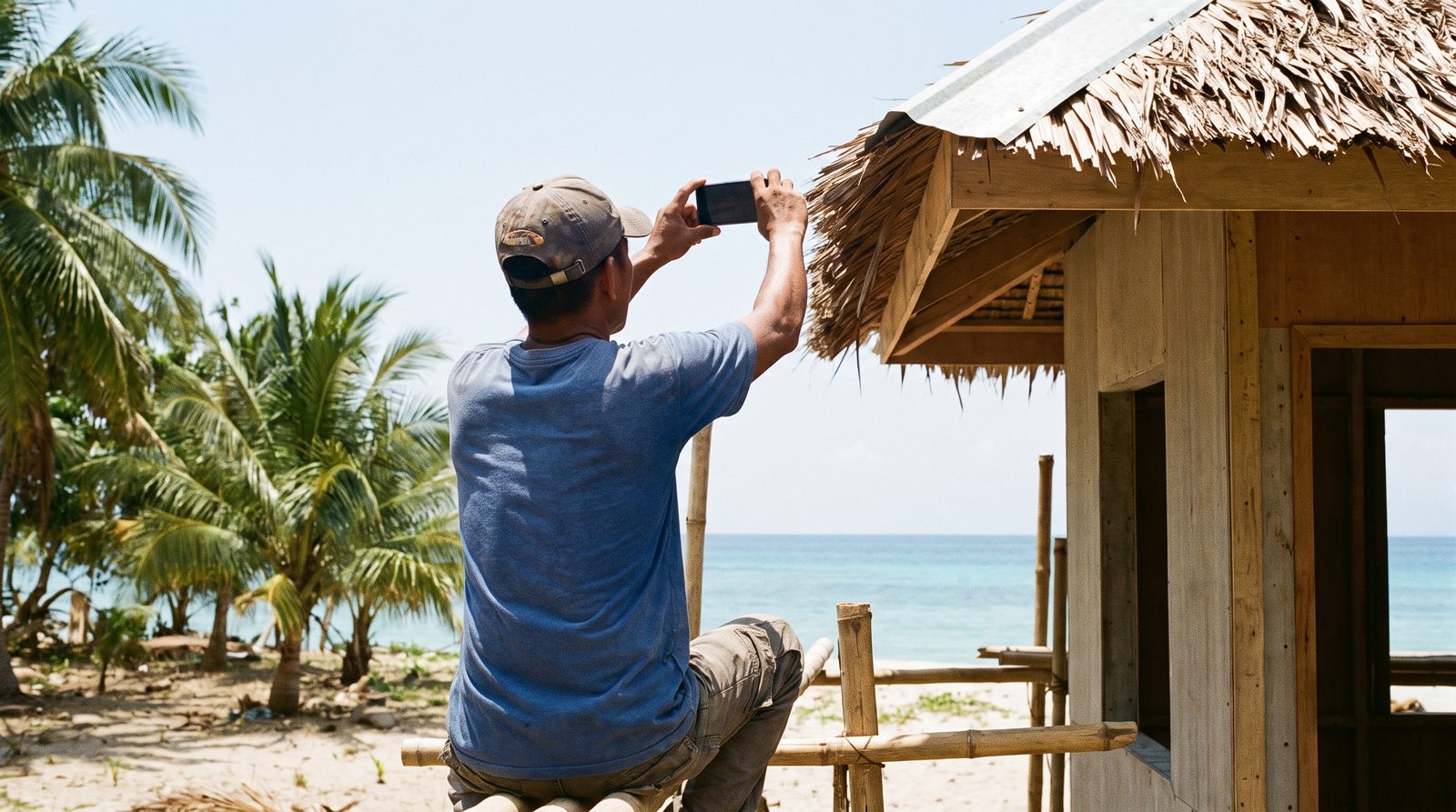 A crew member on a bamboo scaffold photographing the corner of a nipa roof with his phone, sea and palms behind