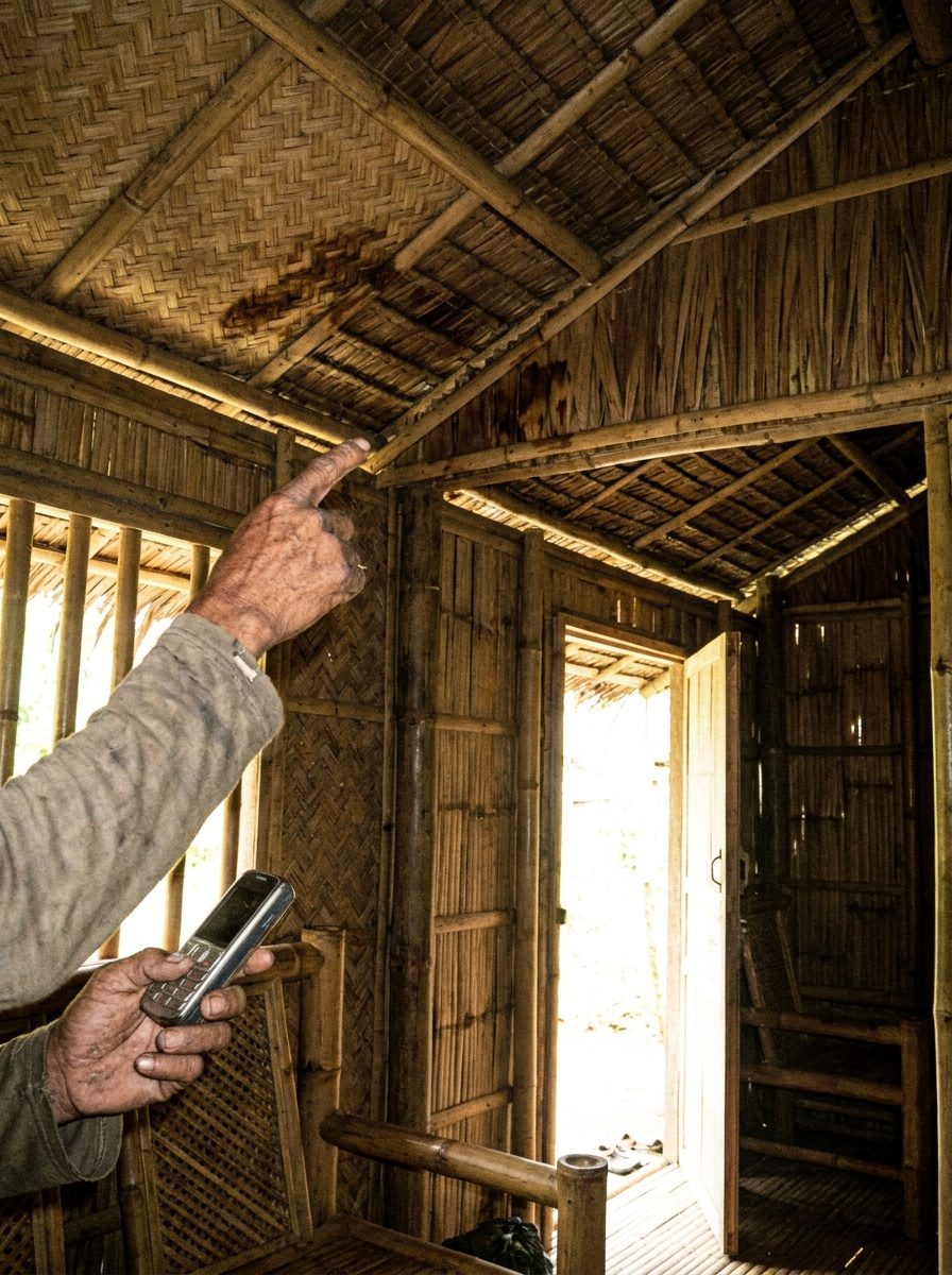 A hand pointing at water stains on the underside of a roof corner