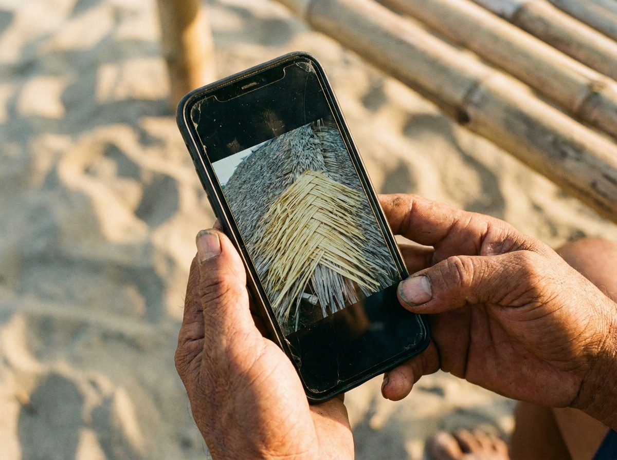Hands holding a phone showing a photo of a freshly thatched roof corner