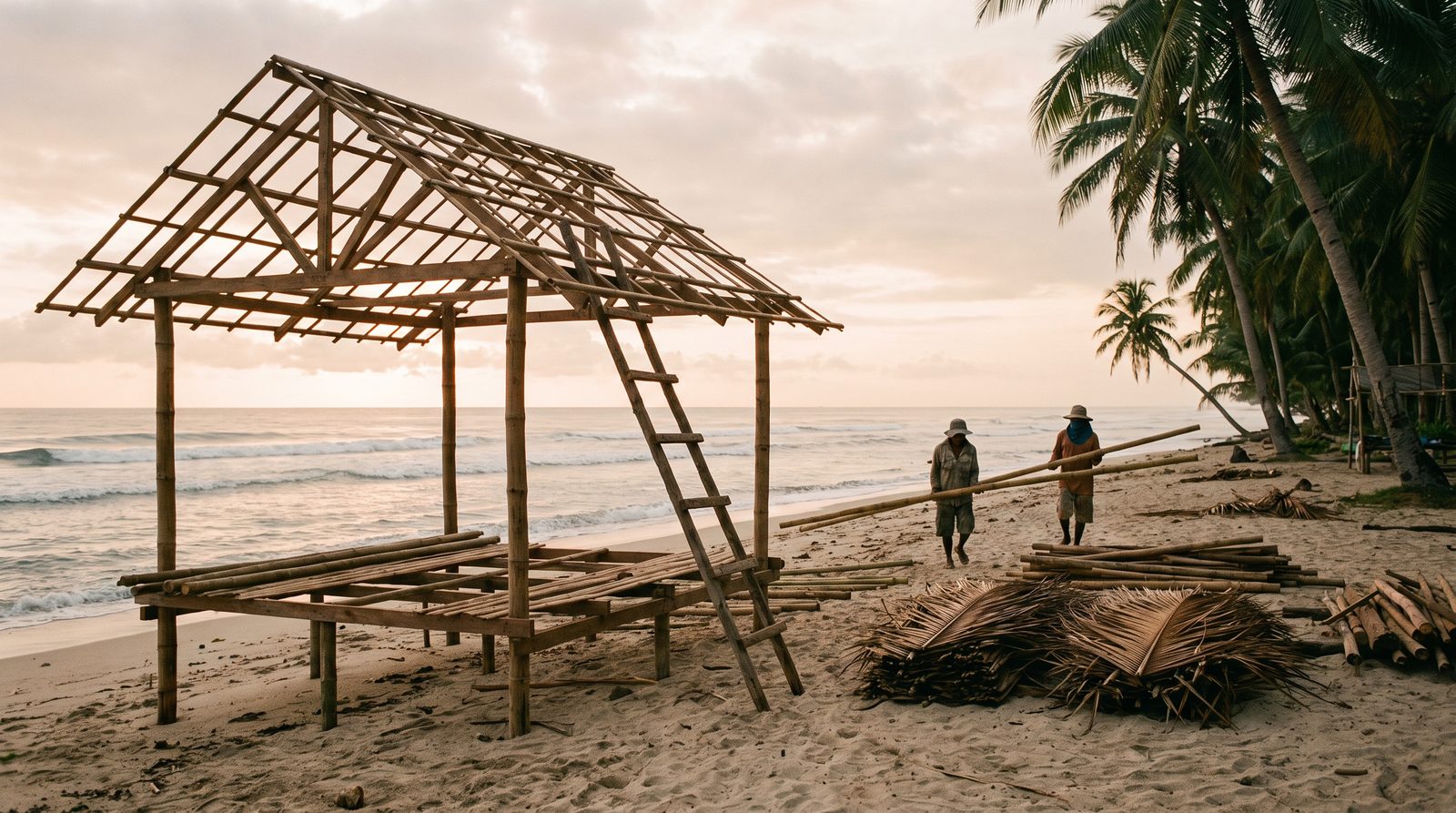 A bamboo and hardwood beach cottage going up on the sand at dawn, two workers carrying poles